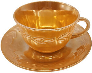 Vintage Fire King Cup & Saucer Set Luster Ware Peach Laurel Leaf USA